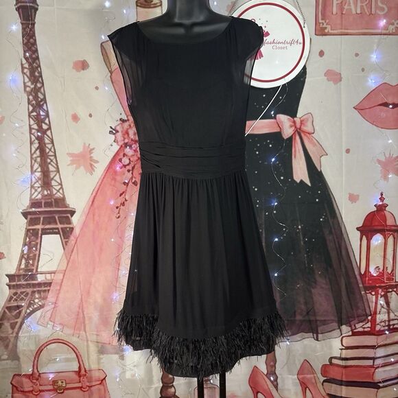 Trina Turk Black 100% Silk Ostrich Feather Trim Dress 8 - Picture 2 of 11